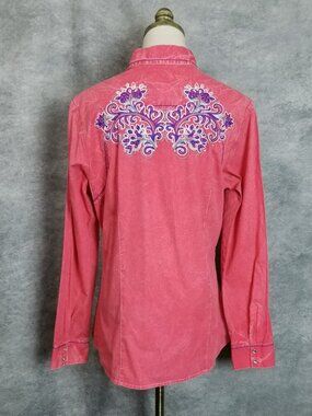 Shyanne Western Pink Acid Wash Pearl Snap Shirt Women L Embroidered Cowgirl